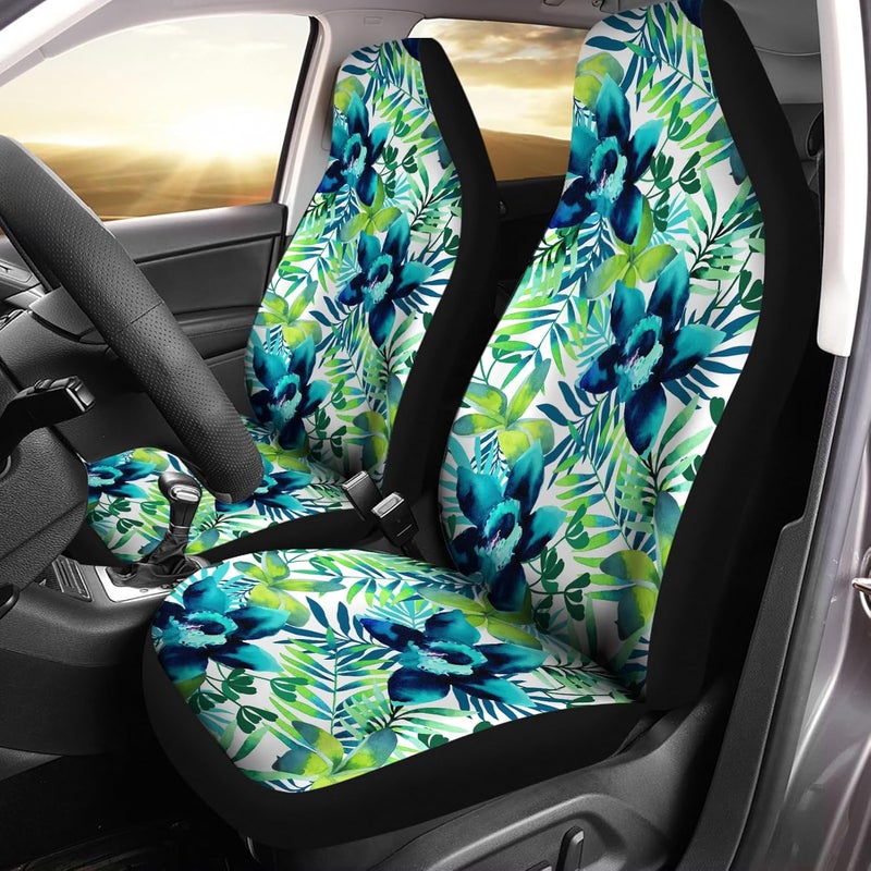 Howilath Universal Car Seat Covers Full Set of 2, Blue Hibiscus Floral Leaves Printed Auto Front Bucket Seats Protector Car SUV Interior Accessories - Image 1